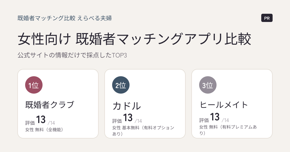 女性向け｜既婚者マッチングアプリ比較 TOP3：1位 既婚者クラブ、2位 カドル、3位 ヒールメイト